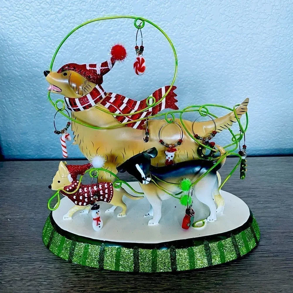 Pier 1 Christmas Dog Wine Glass Charm Holder Display